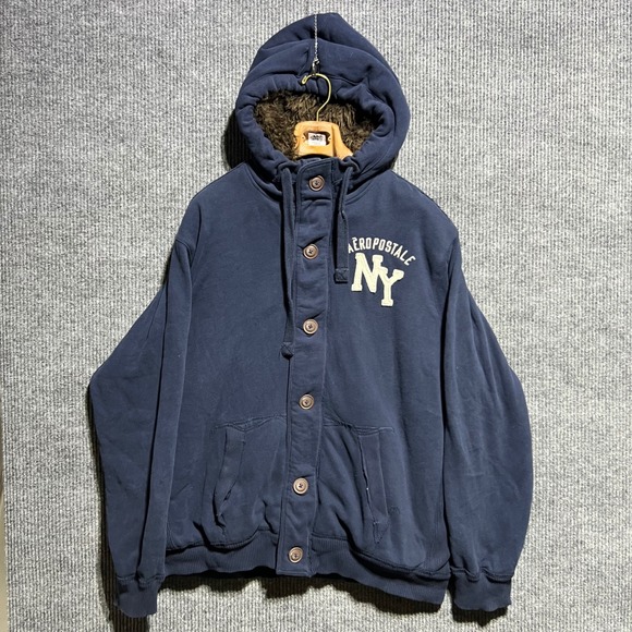 Aeropostale Other - Vintage Aeropostale Faux Fur Lined Hoodie Men XXL Navy Blue‎ NY Heavyweight Y2K